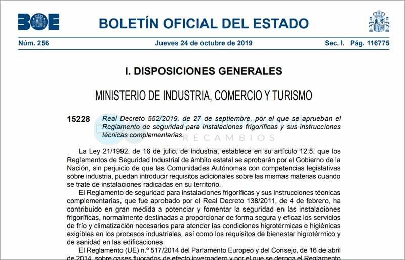 El BOE publica el Reglamento de seguridad para instalaciones frigoríficas